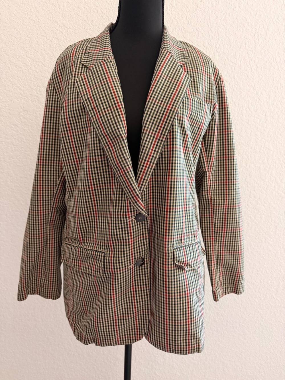 Vintage 80s Lizsport Plaid Blazer | Multicolor Checkered Cream Green Red Jacket